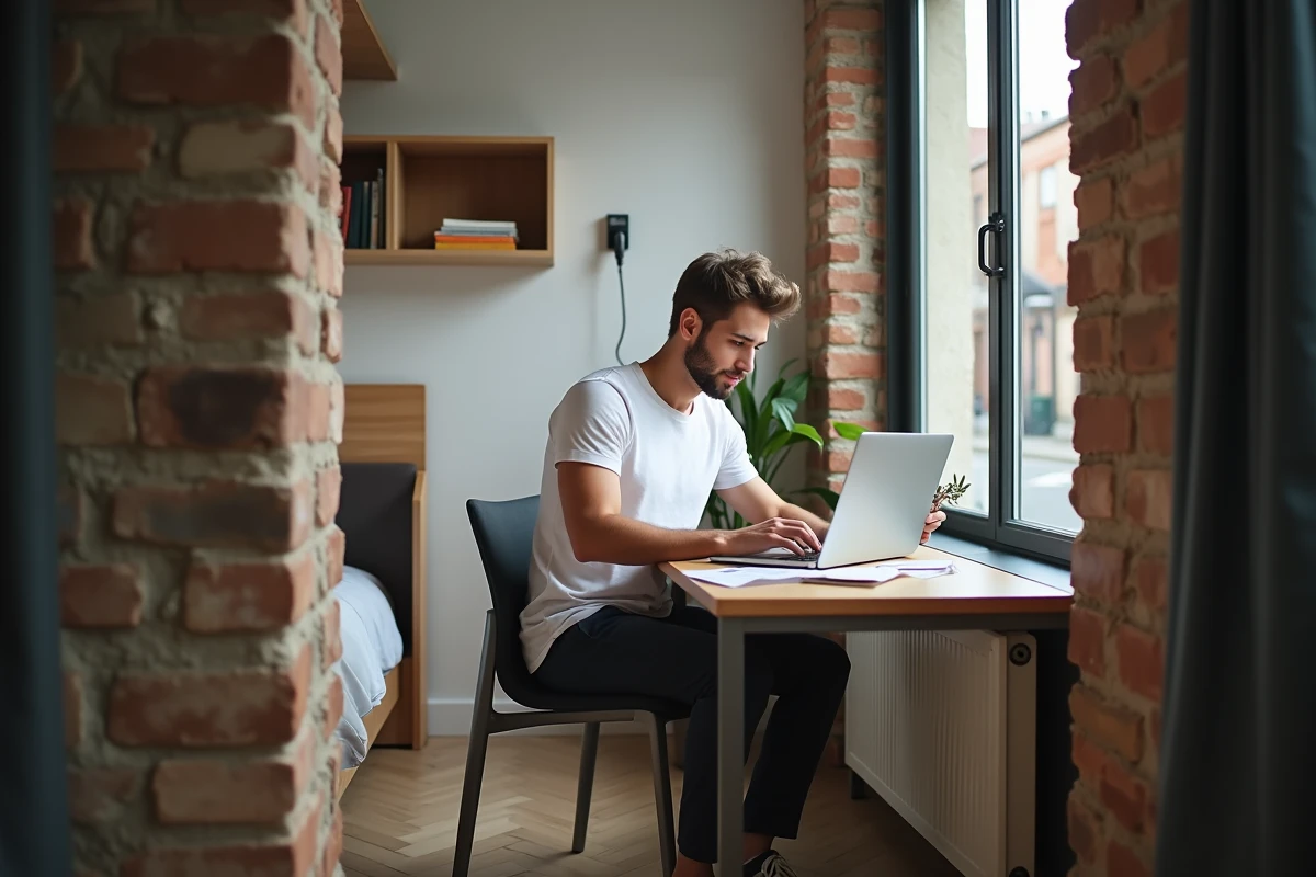Jeune homme travaillant sur son ordinateur portable dans un studio étudiant bien aménagé à La Roche-sur-Yon, ambiance studieuse et moderne