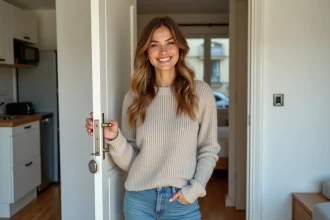 Jeune femme souriante tenant des clés à l'entrée d'un studio meublé moderne à La Roche-sur-Yon, intérieur cosy et fonctionnel