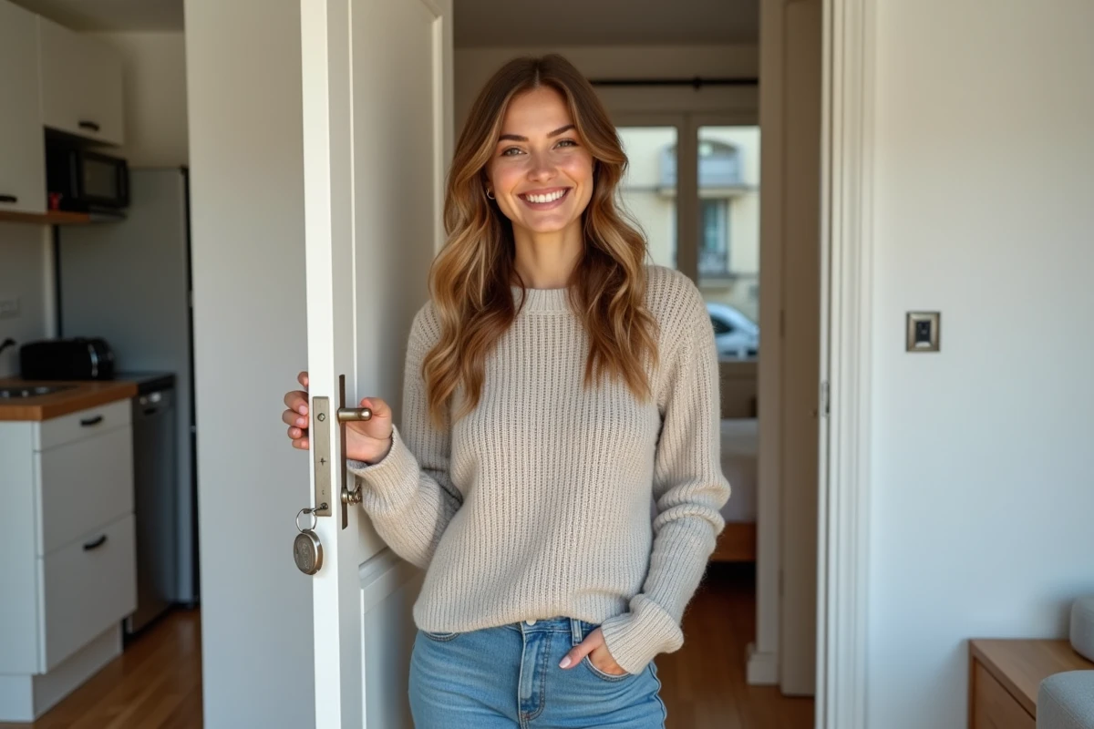 Jeune femme souriante tenant des clés à l'entrée d'un studio meublé moderne à La Roche-sur-Yon, intérieur cosy et fonctionnel