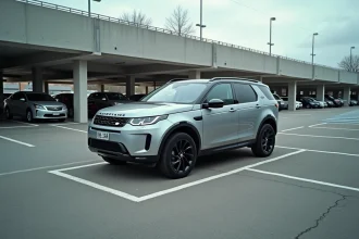 Grand SUV argenté en train de se garer dans une place de parking standard en milieu urbain, vue au niveau du sol montrant les dimensions du véhicule par rapport aux marquages au sol