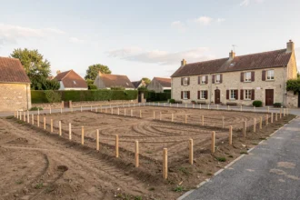 Terrain à bâtir piqueté au petit matin avant la construction