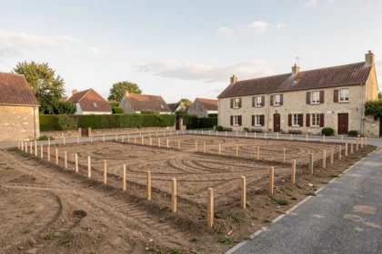 Terrain à bâtir piqueté au petit matin avant la construction