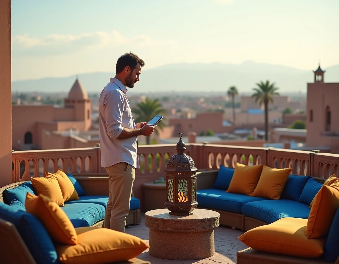 Terrasse panoramique d'un riad rénové à Marrakech avec vue sur la médina et les montagnes de l'Atlas, parfait pour la location saisonnière