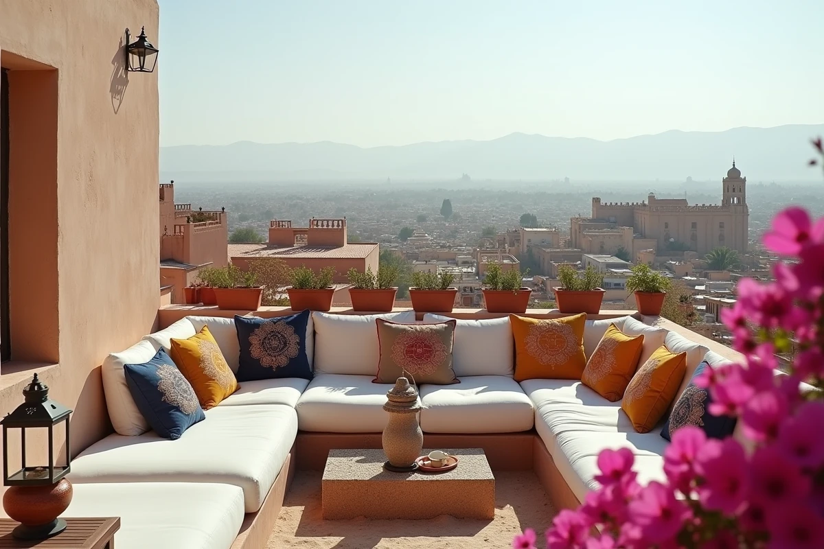 Terrasse panoramique d'un riad à vendre à Marrakech avec vue sur la médina et l'Atlas, potentiel locatif saisonnier
