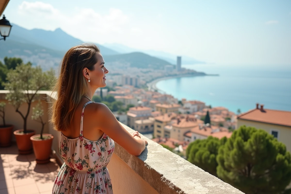 Femme sur une terrasse du quartier Fabron à Nice avec vue panoramique sur les toits méditerranéens et la Baie des Anges