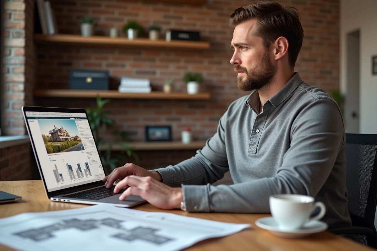 Homme testant un logiciel de gestion de projet immobilier depuis son bureau à domicile