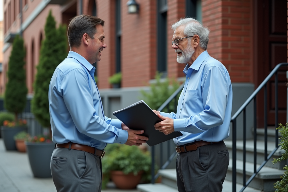 Travailleur social remettant un dossier à un locataire âgé devant un immeuble