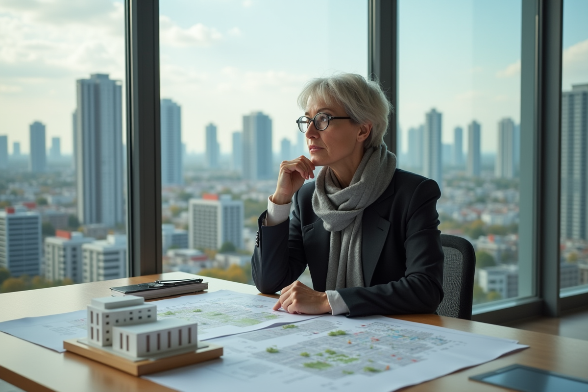 Urbaniste femme analysant des cartes et maquettes en intérieur