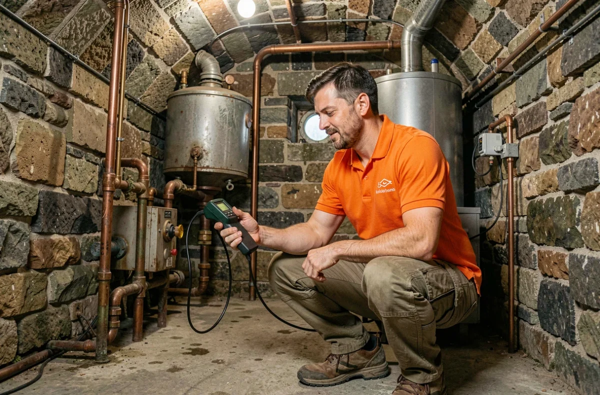Diagnostiqueur immobilier utilisant un détecteur de gaz dans une maison des Vosges