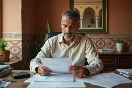 Vendeur immobilier marocain examinant des documents de vente d'appartement à Marrakech avec une expression préoccupée