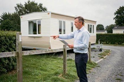 Propriétaire expliquant la vente d'une parcelle de terrain avec mobil-home en zone résidentielle semi-rurale