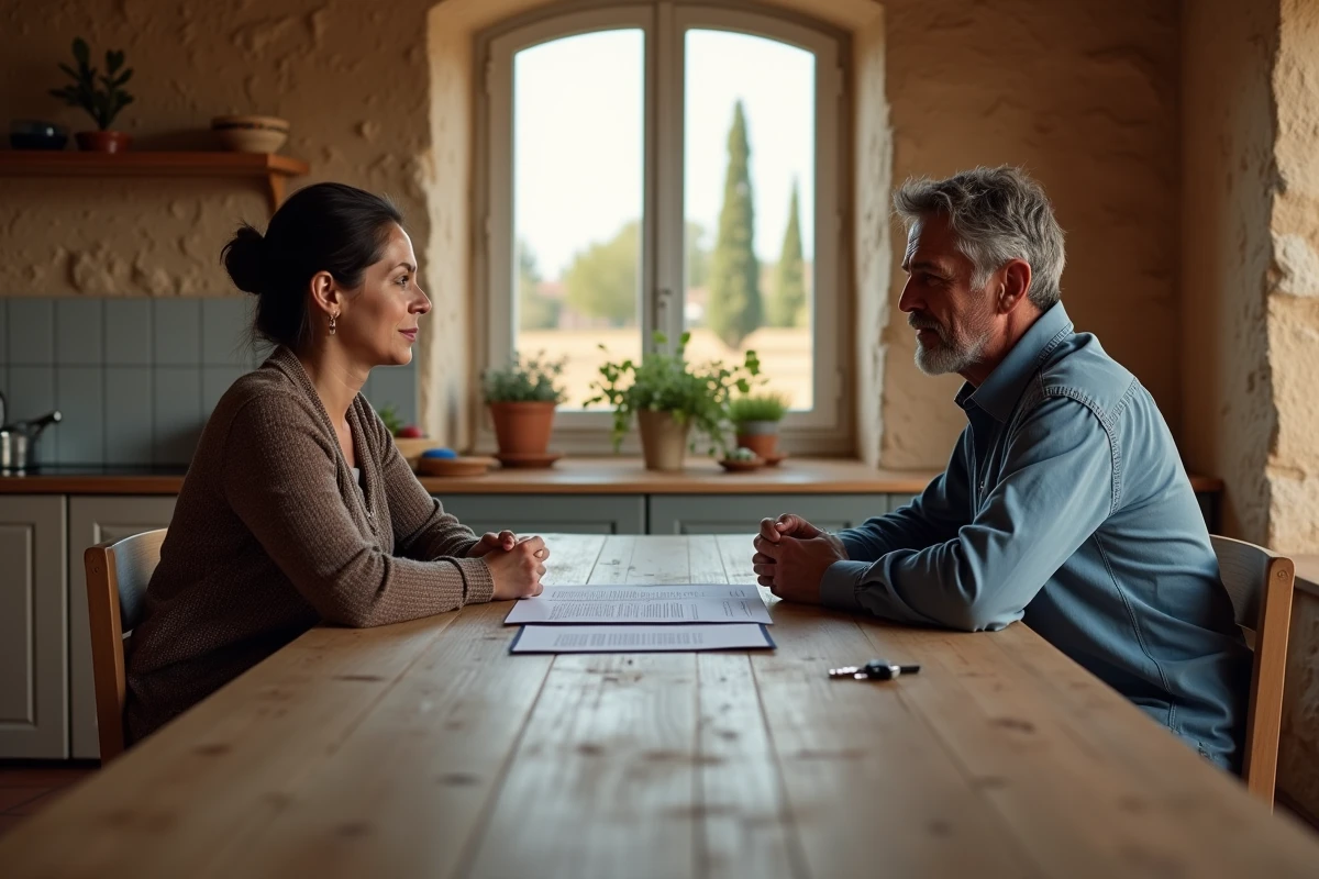 Couple en instance de divorce assis à une table avec des documents légaux et des clés de maison dans une maison de l'Aude à vendre