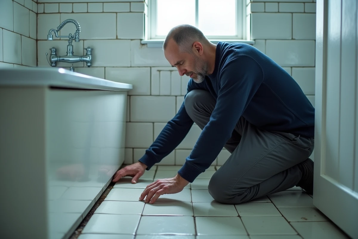 Homme vérifiant l'étanchéité des joints de carrelage dans la salle de bain d'un T2 en visite immobilière