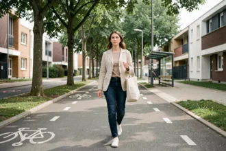 Femme marchant dans le quartier Villejean Beauregard à Rennes sans voiture, sur un chemin piéton bordé d'arbres et de pistes cyclables