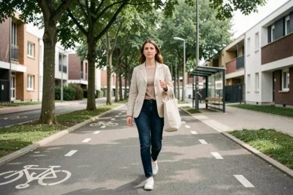 Femme marchant dans le quartier Villejean Beauregard à Rennes sans voiture, sur un chemin piéton bordé d'arbres et de pistes cyclables