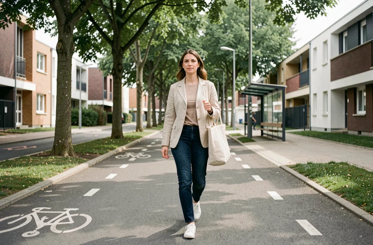 Femme marchant dans le quartier Villejean Beauregard à Rennes sans voiture, sur un chemin piéton bordé d'arbres et de pistes cyclables