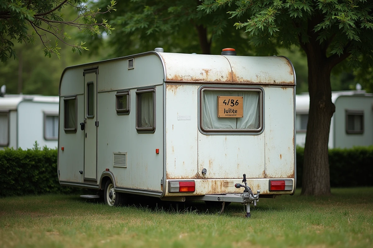 Vieux mobil-home de plus de 20 ans sur un emplacement de camping en France avec signes visibles de vieillissement