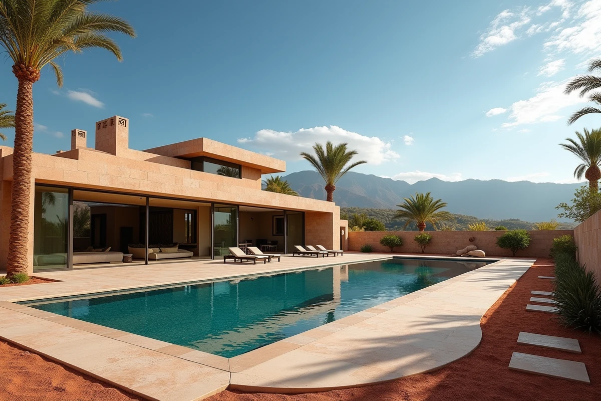 Villa contemporaine avec piscine à débordement et palmiers dans le quartier de la Palmeraie à Marrakech