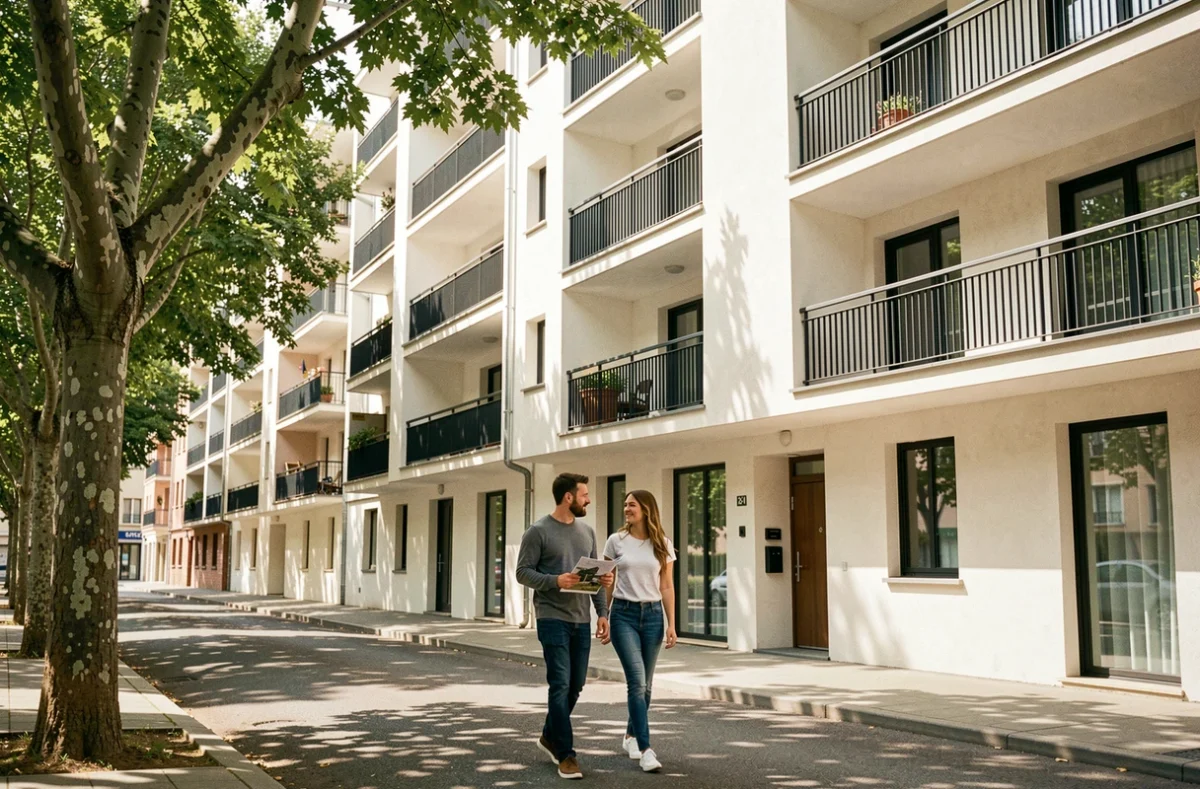 Résidence neuve Vinci Immobilier à Clermont-Ferrand avec couple de futurs acquéreurs devant l'entrée de l'immeuble
