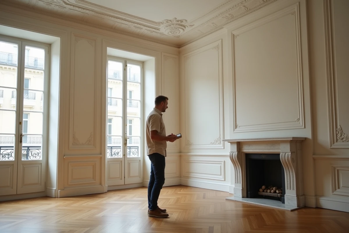 Visite d'un appartement haussmannien parisien avec moulures et parquet en point de Hongrie pour estimer son prix de négociation