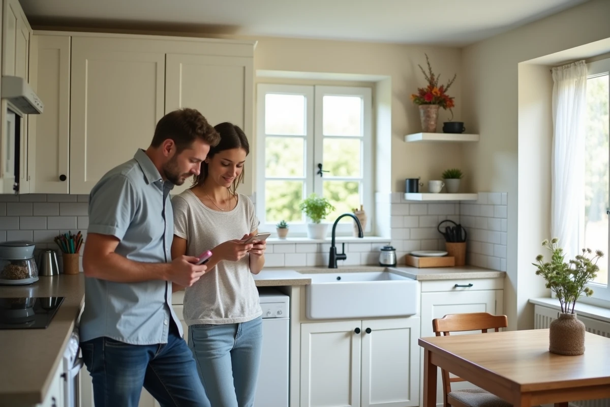 Couple visitant une cuisine lors d'une visite immobilière d'une maison dans l'Oise