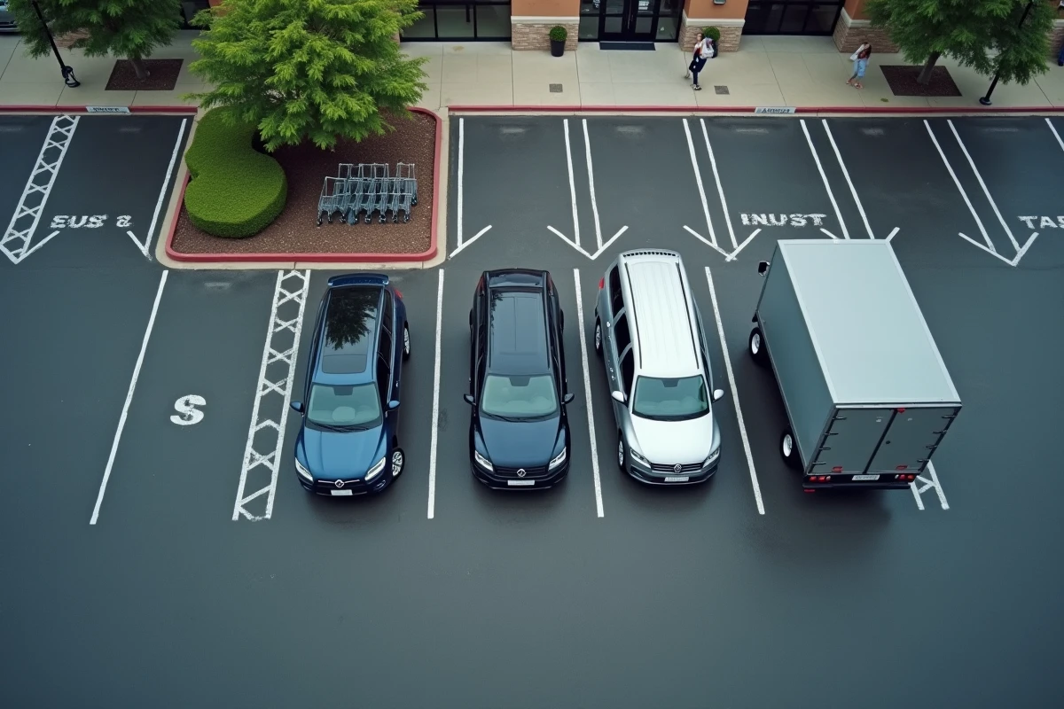Vue aérienne d'un parking de centre commercial montrant des places de tailles différentes occupées par un SUV et un utilitaire, illustrant les dimensions nécessaires