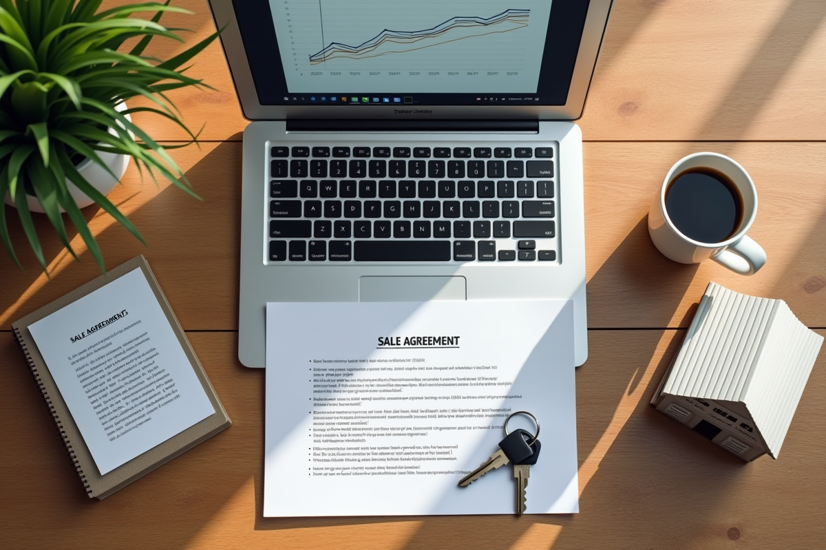Vue de dessus d un bureau avec ordinateur graphique clés et documents vente