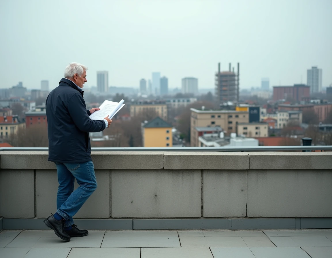 Homme consultant un plan architectural sur un toit avec vue sur les quartiers en transformation de Saint-Étienne